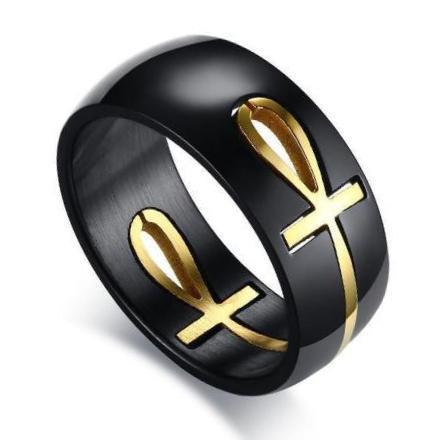 Egyptian Ankh Symbol Ring in Black with Gold Cross