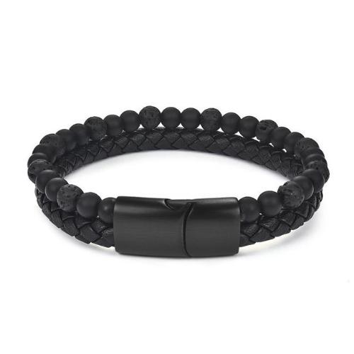 Burnt Black Dual Beaded Leather Bracelet