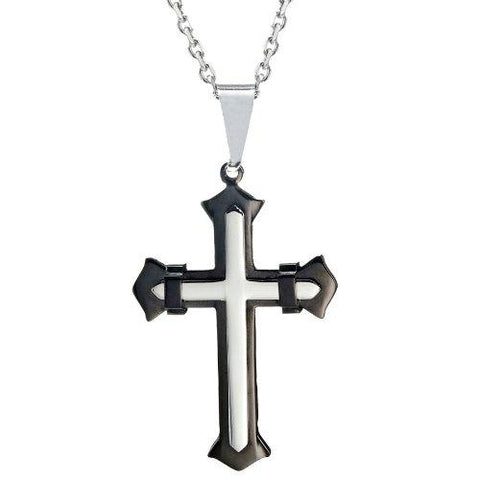 Powerful Mens Stainless Steel Cross Necklace Pendant (Black,  Silver,  21" inches Chain)