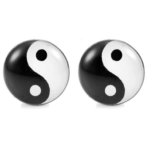Chic Unisex Yin & Yang Stainless Steel Silver Stud Earrings,   Black & White