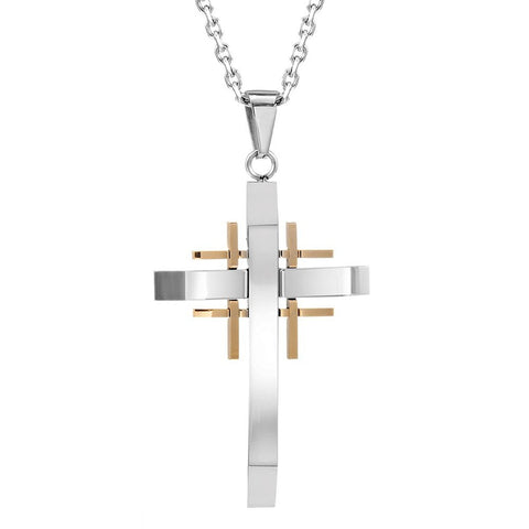 Mens Polished 2-Tone Stainless Steel Cross Necklace Pendant 21" Chain (Gold,  Silver)
