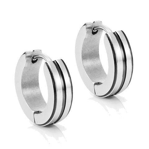 Men's 316L Stainless Steel Two Tone Hoop Huggie Earrings with Black IP 10mm
