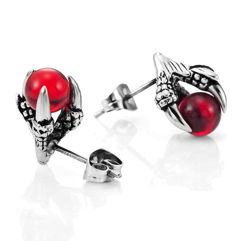 Vintage Stainless Steel Dragon Claw Mens Stud Earrings Set,  2pcs,   Silver Red