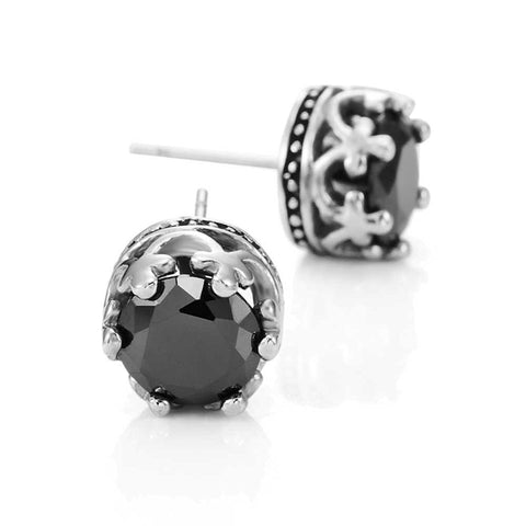 Vintage Royal Crown Mens Stud Earrings Stainless Steel Silver Black Cubic Zirconia