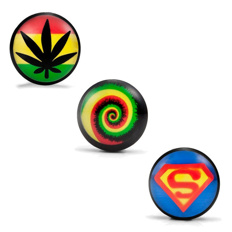 Mens Stainless Steel Stud Earrings 3 Pairs Set with Acrylic Hemp,  Rasta Swirl & Superman Designs