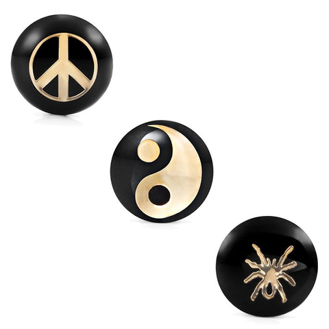 Mens Stainless Steel Stud Earrings 3 Pairs Set with 8mm Peace,  Yin & Yang & Spider Symbol Designs