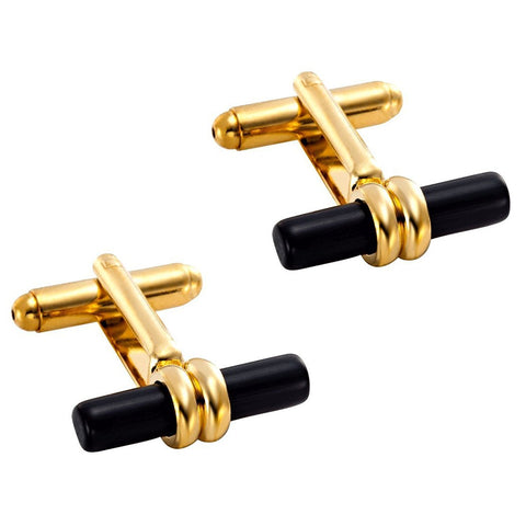 Mens Stainless Steel Gold Toned Cufflinks Black Bullet Wrap Style Cuff Links