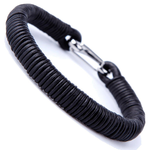 Impressive Men's Black Cord Loops Genuine Leather Cuff Bracelet with Stainless Steel Clasp