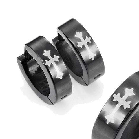Stainless Steel Cross Design Huggie Hoop Earrings - Various Designs,  Black,  10mm