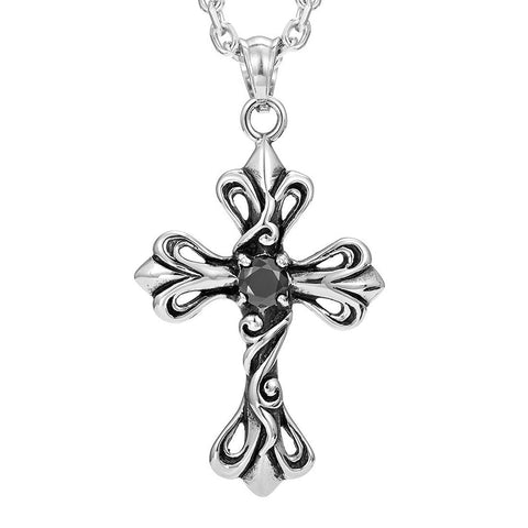 Vintage Royalty Celtic Shield Cross Necklace Pendant,  Cubic Zirconia Silver Black