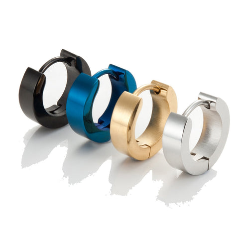 4 Pairs Set of Men's Stainless Steel Classic Huggie Hinged Hoop Earrings
