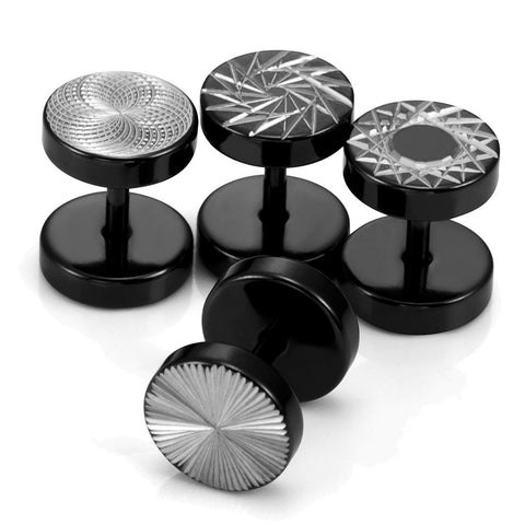 Mens 4 Pairs Stainless Steel Barbell Stud Earrings Set with Star,  Spoke,  Sunburst & Spirograph Designs