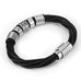 Trendy Black Genuine Leather Biker Mens Bracelet with Magnetic Stainless Steel Clasp,  8"
