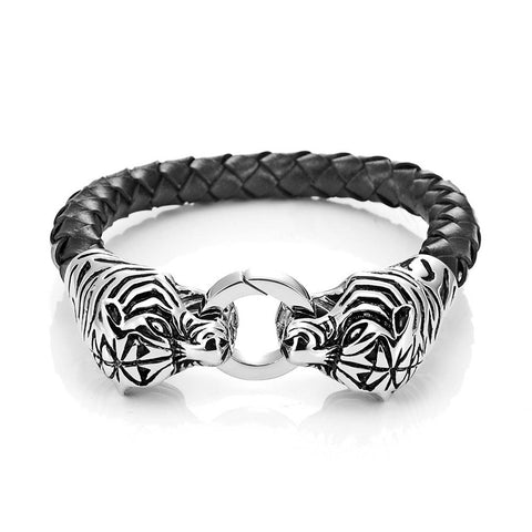 Amazing Leather Mens Bracelet with Locking Stainless Steel Tiger Head Clasp,  Black,  Silver,  8.5 Inches