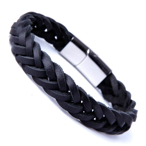Unique Braided Black Cuff Leather Bracelet for Men with Elegant Stainless Steel Clasp