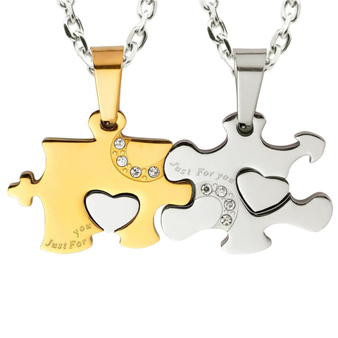 Just for You 2pcs His & Hers Puzzle Heart Couples Crystal Pendant Necklace Set with 19" & 21" Chains
