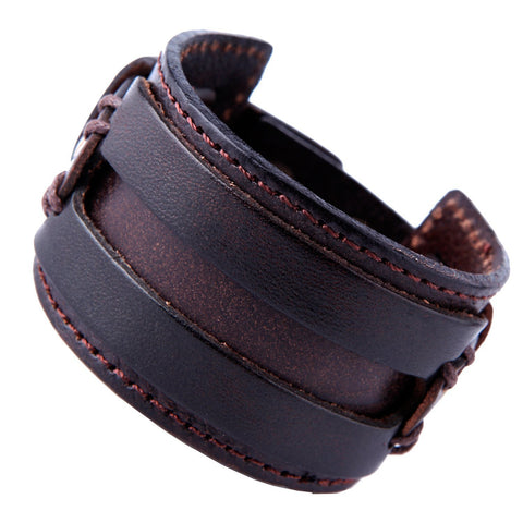 Wide Deep Coffee Brown Genuine Leather Cuff Bracelet for Men