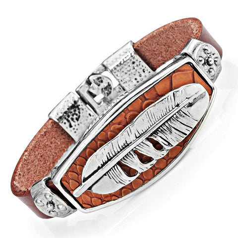 Unique Men's Feather Brown Genuine Leather Cuff Bracelet