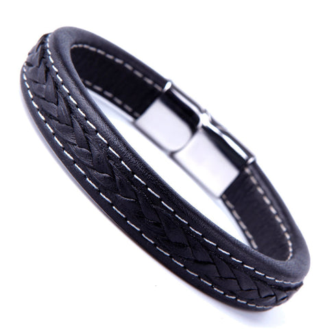Elegant Black Cuff Genuine Leather Bracelet for Men with Elegant 316L Stainless Steel Clasp