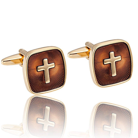Amazing Mens Stainless Steel Cufflinks with Golden Holy Cross