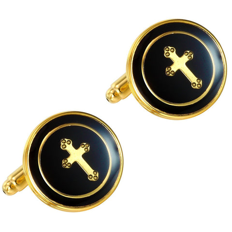 Golden & Black Cross 316L Stainless Steel Round Cufflinks for Men