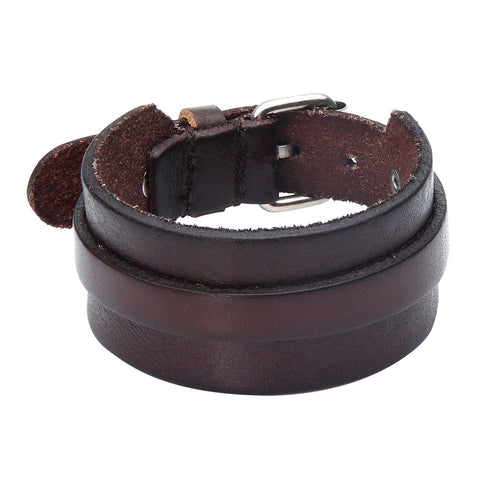 Stunning Adjustable Dark Brown Cuff Leather Bracelet for Men (Metal Buckle Clasp)