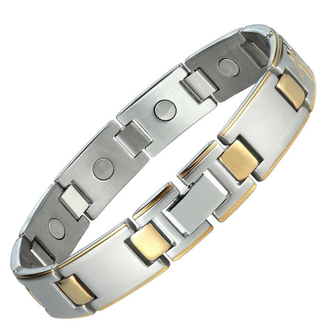 Baseball Magnetic Men's Link Bracelet 316L Stainless Steel 9.05 inch Silver & Gold Tone Bangle