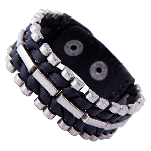 Unusual Genuine Leather & Metal Cuff Men's Bracelet by (Black,  Silver)