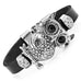 Stunning Leather Crystal Black Owl Cuff Bracelet (Silver)