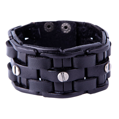 Gothic Men's Army Style Coal Black Cuff Genuine Leather Bracelet with Metal Silver Tone Screws