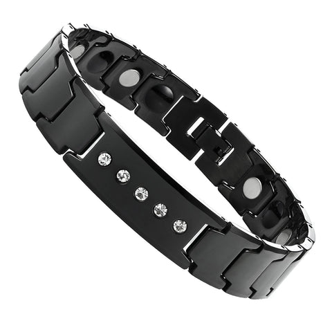 Elegant Black Solid Tungsten Link Bracelet with Magnet & 5 Cubic Zirconia Stone