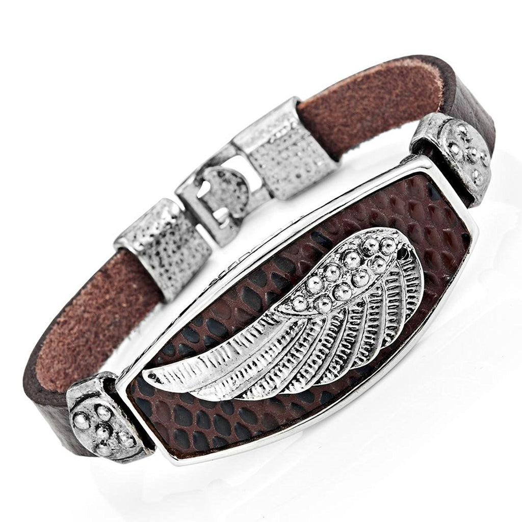 Mens Angels Wing Chocolate Brown Genuine Leather Cuff Bracelet (Silver)