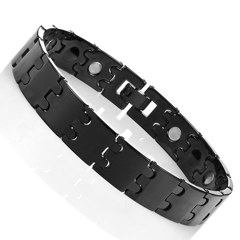 Unique Black Solid Tungsten Puzzle Pieces Style Mens 8.5 Inch Link Bracelet (Magnet,  13mm)