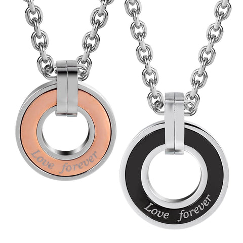Stunning 2pcs His & Hers Love Forever Couples Round Pendant Necklace Set with 19" & 21" Chain