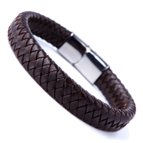 Men's Deep Brown Braided Genuine Leather Cuff Bracelet with Elegant 316L Stainless Steel Clasp