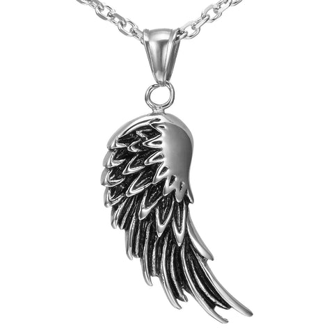 Vintage Men's Stainless Steel Angel Wing Pendant 21 Inch Chain (Black,  Silver)