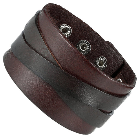 Men's X Brown Genuine Leather Cuff Bangle Bracelet Perfect Statement Piece (adjustable 8.66 inches,  1.6 inches width)
