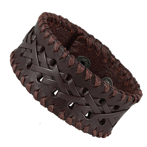 Men's Brown Genuine Leather Cuff Bangle Bracelet Weave Design (8.25",  1.2" width)