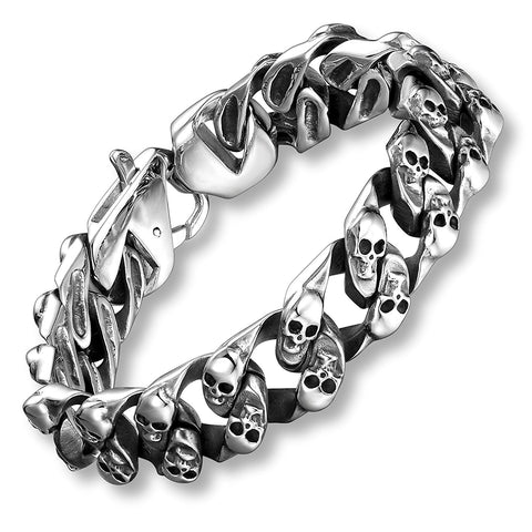 8.6 Inches Stainless Steel Silver Tone Mini Skull Heads Link Chain Bracelet for Men