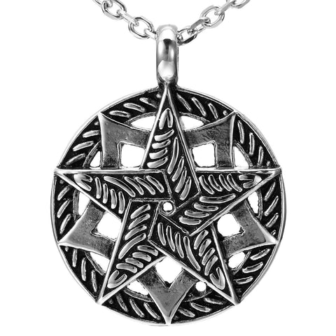 Double Pentacle Pentagram Stainless Steel Pendant Necklace 21-inch chain (Black,  Silver)