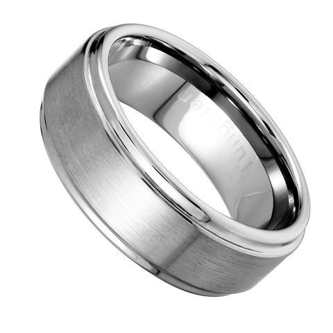 Beveled Edge Brushed Solid Tungsten 8 mm Comfort Fit Ring Band for Men