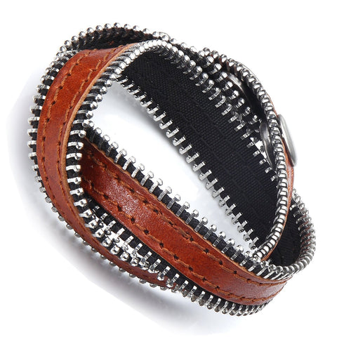 Zipper Style Brown Genuine Leather Wrap Cuff Bracelet for Men