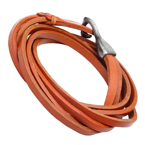 Genuine Leather Wrap Cuff Men's Bracelet with Metal Hook Clasp (Camel Brown)