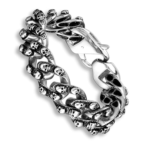 Elegant Men's Mini Skull Heads Chain Link Bracelet 8.85 Inches Stainless Steel (Silver Tone)