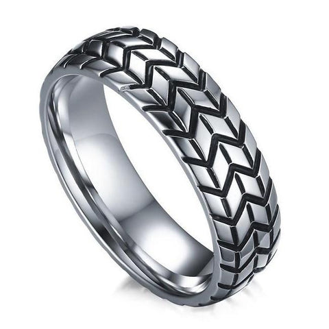 Tire Tread Ring - Silver & Black Stainless Steel