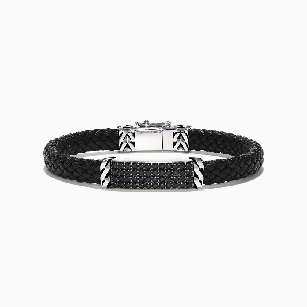 Effy Men's Sterling Silver Black Spinel Leather Bracelet, 2.11 TCW