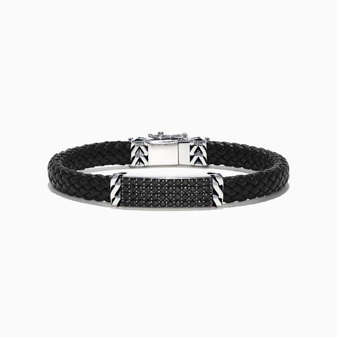 Effy Men's Sterling Silver Black Spinel Leather Bracelet, 2.11 TCW