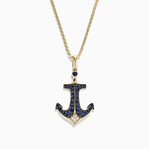 Effy Men's 14K Yellow Gold Sapphire and Diamond Anchor Pendant, 0.96 TCW