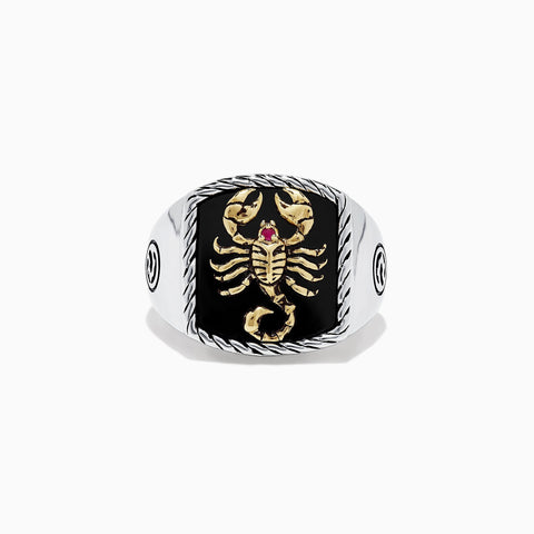 Effy Men's Silver & 14K Gold Plating Onyx and Ruby Scorpion Ring, 5.00 TCW