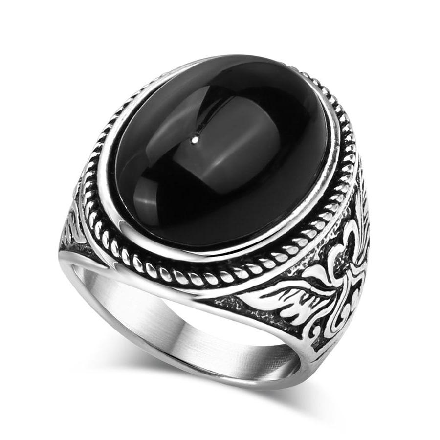 Vintage Silver Men's Ring with Black Red or Green Oval Stone